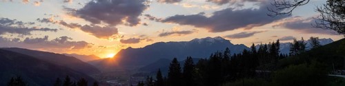 Sunset over the Liesingtal, in the evening light the village of Traboch, Schoberpass federal road,