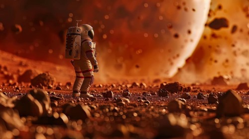A small astronaut figure stands alone on the vast surface of a reddish alien planet, AI generated