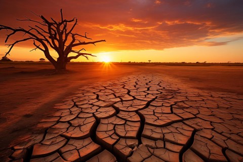 Drought climate change ecology solitude concept, dry dead tree in desert with a dry, cracked ground