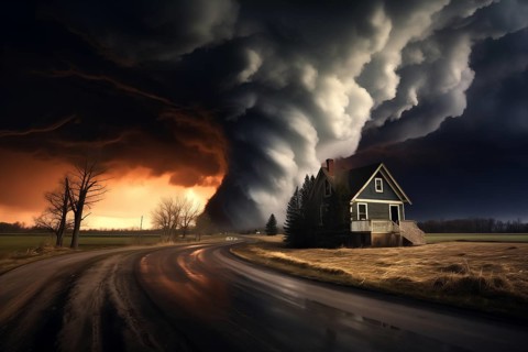 Disaster catastrophe storm concept, tornado in a field in the USA with wooden house and road under