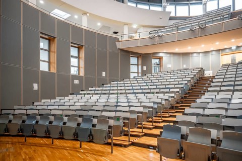 Rows of seats in an empty lecture theatre, interior photo, Department of Mechanical Engineering,