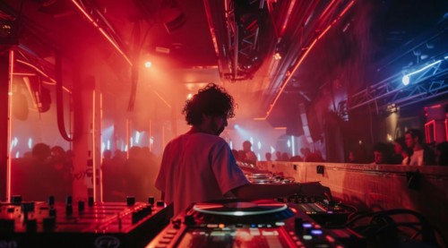DJ is playing modern electronic music at a popular nightclub, AI generated