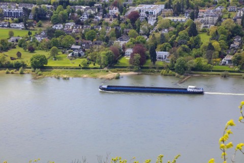 View from Drachenfels, mountain in the Siebengebirge on the Rhine with cargo ships between