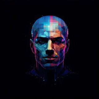 AI generated male human head digitalised in pixel art style presenting a mosaic of vibrant hues in