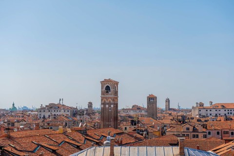 View over the roofs of Venice with church towers, view from the roof of the Fondaco dei Tedeschi,