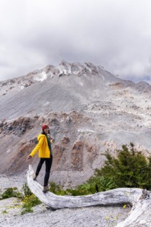 Young woman in yellow jacket standing in front of a volcano, Chaiten Volcano, Carretara Austral,