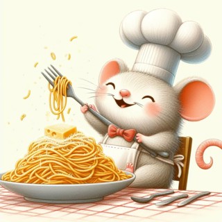 Delightful illustration of a cartoon chef mouse savoring a delicious plate of spaghetti, exhibiting