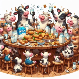 Cheerful group of animated cows gathers around a large wooden table, joyously feasting on an