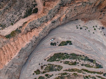Aerial view, 4x4 car, Camping in dry riverbed, View from above, Canyon runs through landscape,