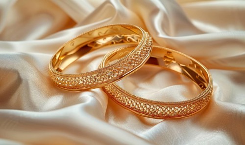 Pair of intricately designed gold bracelets arranged on a smooth satin material background AI