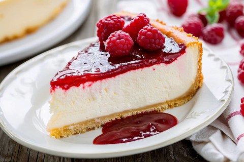 Slice of American Cheesecake with raspberry on plate. Close up of wind mill turbine covered in ic