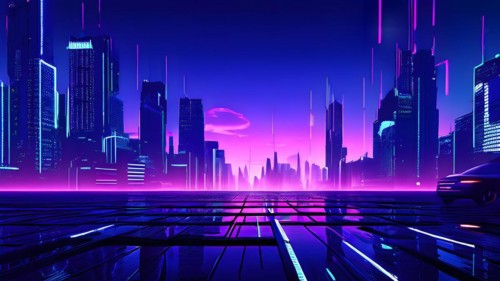 AI generated illustration of a cityscape with skyscrapers and holographic elements in blue and pink