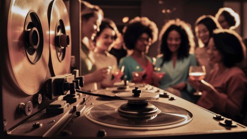 Vintage reel-to-reel tape recorder at a lively party with people enjoying in the background, AI