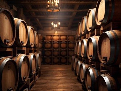 AI generated rustic wine cellar filled with wooden oak barrels