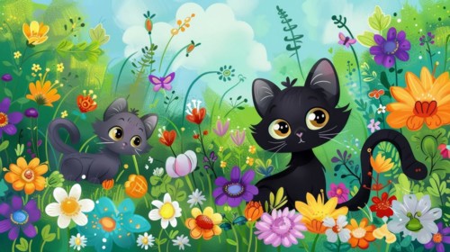 Various cartoon cats playing among vibrant, lush wildflowers, AI generated