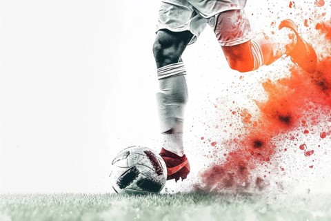 A soccer player kicks a ball on a field. Concept of action and excitement, as the player is in the