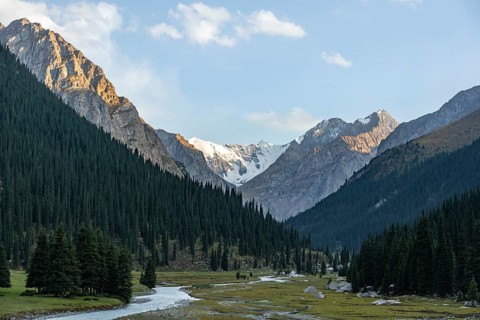 Mountain river, Dramatic mountains with glaciers, Mountain valley, Chong Kyzyl Suu valley, Terskey