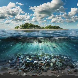 Idyllic island on the sea with hidden plastic waste pollution under the water surface, AI generated
