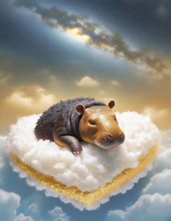 Playful illustration of a capybara lounging on a fluffy cloud with a beautiful sunset backdrop, AI