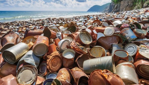 Symbol photo, many empty tin cans, partly crushed, rusty, dirty, lying on the beach, waste, AI