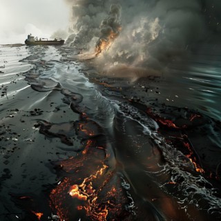 A dramatic volcanic eruption with rivers of lava flowing into the ocean and sending clouds of smoke