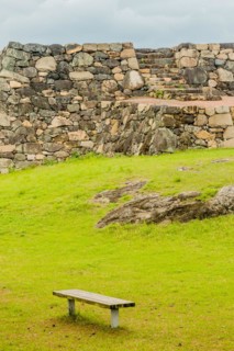 Remains of Japanese stone fortress with park bench in foreground in Suncheon, South Korea, Asia