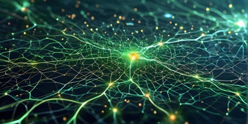 Ai generated conceptual illustration of a neuronal network with interconnected nodes pulsating in