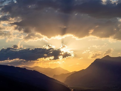Sunset over the Liesingtal, in the evening light the village of Traboch, Schoberpass federal road,