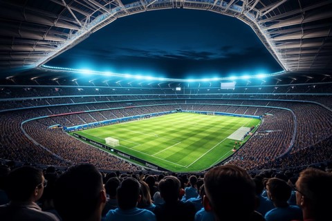 A soccer field with a large crowd of people spectators fans watching the game in evening. The