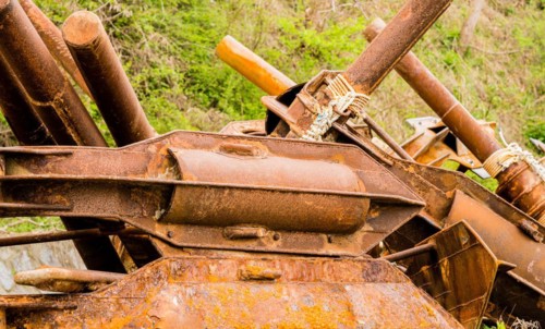 Closeup of large rusted metal anchor used on large fishing vessels in South Korea
