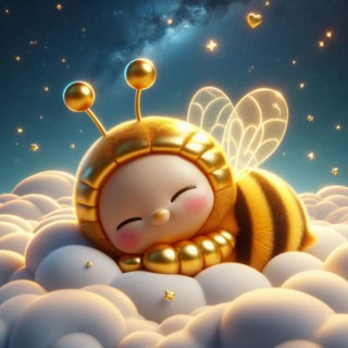 A bee character with a wide smile in an astronaut suit nestled in clouds under a star-filled sky,