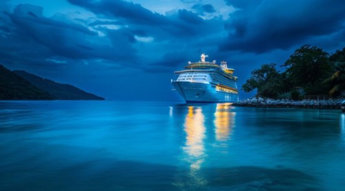 A large cruise ship docked near popular vacation resort. The scene is serene and relaxing, with the