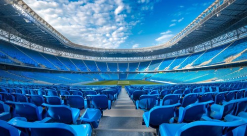 Big olympic stadium and soccer field full of blue seats with a blue sky in the background, AI