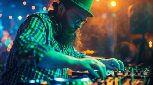DJ is playing modern electronic music at a popular nightclub, AI generated