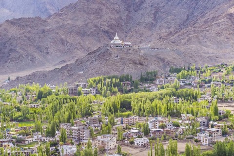 Panorama over Leh, behind it the Shanti Stupa, Ladakh, Jammu and Kashmir, India, Asia