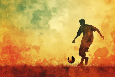A soccer player dribbles and kicks a soccer ball. Abstract vintage grungy poster style with muted