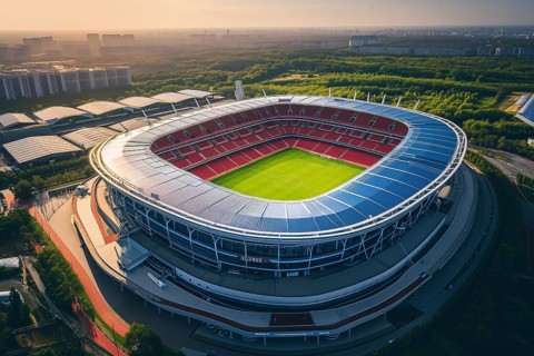 Aerial bird eye top view of a soccer football field stadium, AI generated