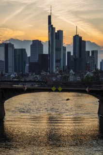 Skyline and banking district at sunset, twilight, Tower 185, Commerzbank, HelaBa, Hessische