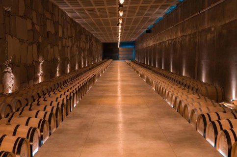 Oak barrels for wine aging in an underground cellar in Vale dos Vinhedos