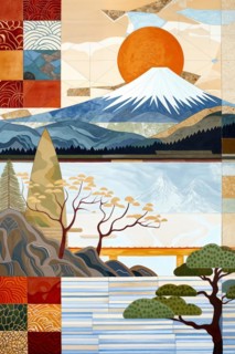 Image with mosaic texture shows Mount Fuji at sunset in muted colours, Japan, AI generated, AI