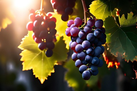 AI generated ripe grapes clinging to a vine sunlight dancing through the leaves accentuating their
