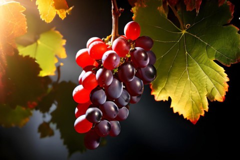 AI generated ripe grapes clinging to a vine sunlight dancing through the leaves accentuating their