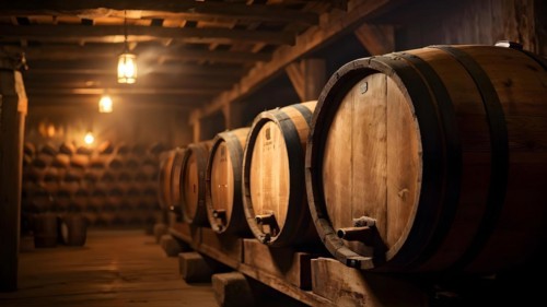 AI generated rustic wine cellar filled with wooden oak barrels
