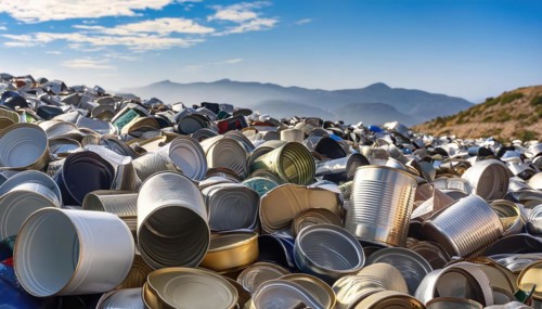 Symbol photo, waste, a large quantity of empty open tinplate cans on a heap, AI generated, AI