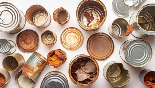Symbol photo, many empty tin cans, partly crushed, rusty, dirty, on a white background, AI