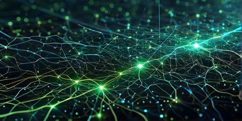 Ai generated conceptual illustration of a neuronal network with interconnected nodes pulsating in