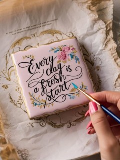 Close-up of a hand practicing calligraphy with an inspirational message surrounded by floral