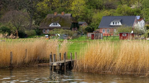 Landscape at the ferry house of the connecting canal Baabe-Selin-Moritzdorf, Seliner See, Ruegen,