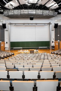 View from the rows of seats into an empty lecture theatre, interior photo, Department of Mechanical