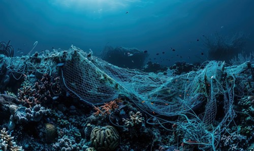Abandoned fishing nets entangled on a coral reef, underwater background AI generated